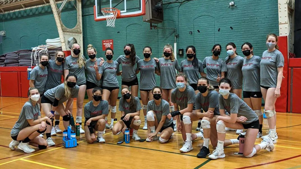 The MIT women’s volleyball team pauses for a photo at a pre-season practice.