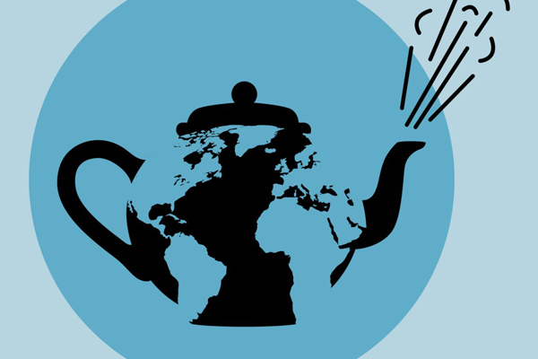 a map of the world inside of a steaming teapot