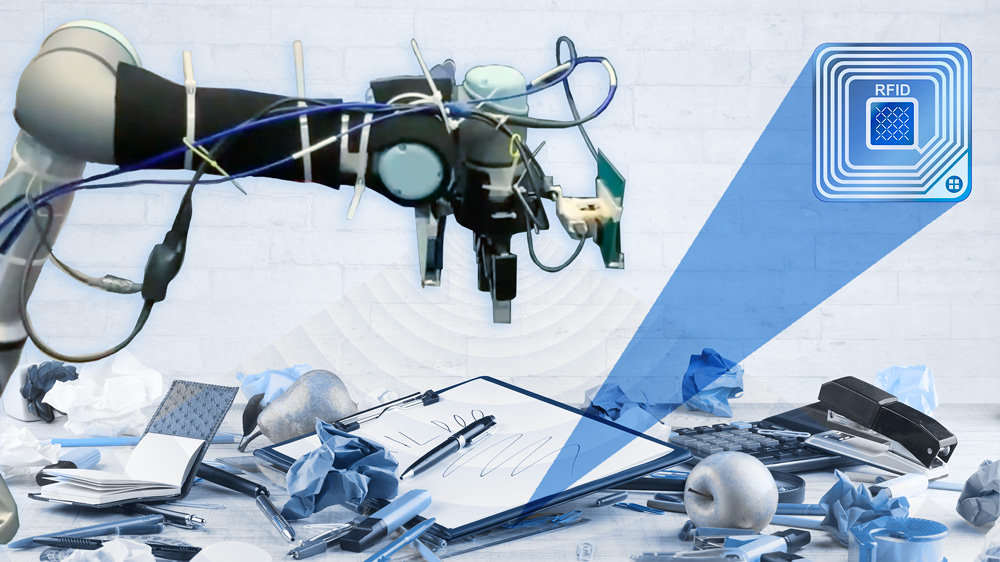 Digital collage showing a robotic arm sensing an RFID chip hidden on a messy table