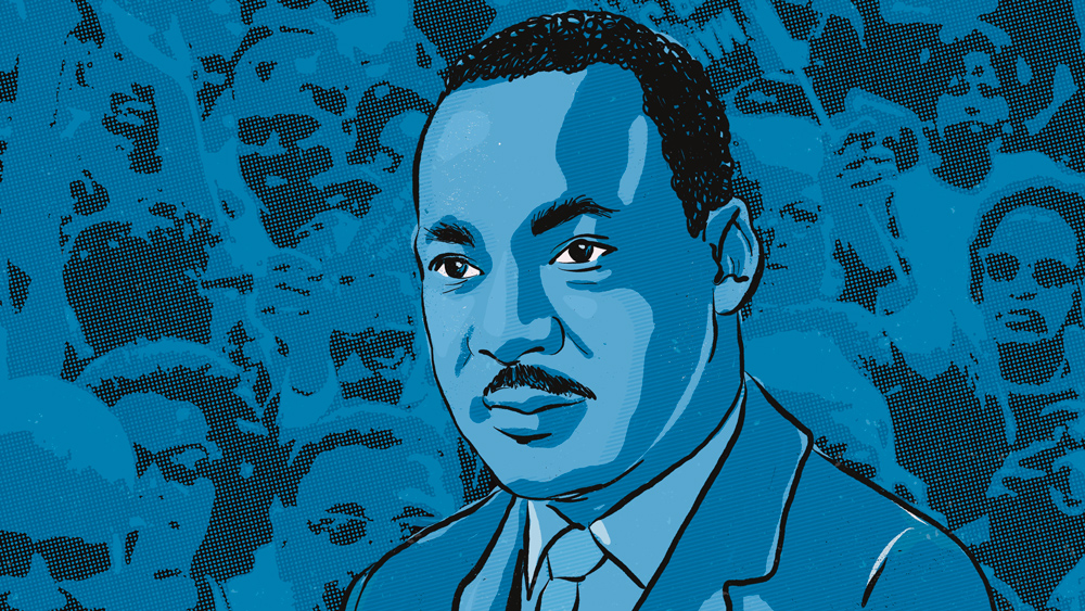 Illustration portrait of Martin Luther King Jr. in blue, with a background graphic of the 1963 March on Washington