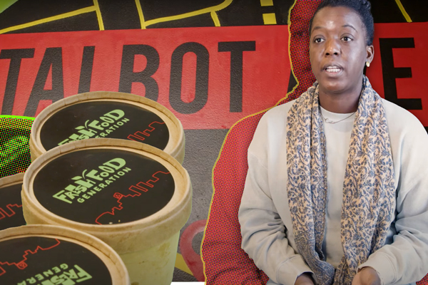 Cassandria Campbell against a red map background and containers from her restaurant
