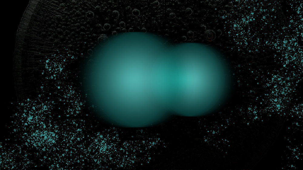 Illustration showing two connected spheres that is a hybrid particle of an electron and a phonon 