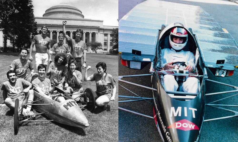 2 historical photos show a group in Killian court with solar race car, and James Worden in race car