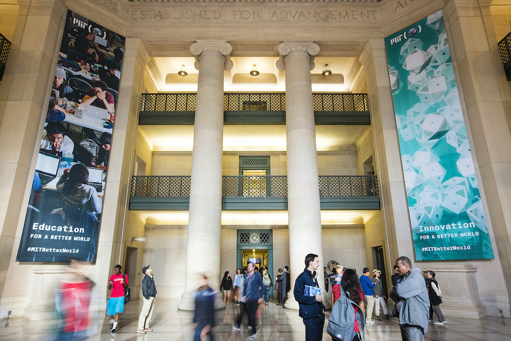 Decorative banners announce happenings and MIT initiatives.