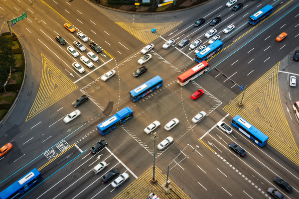 Aerial photo of an Intersection with many cars