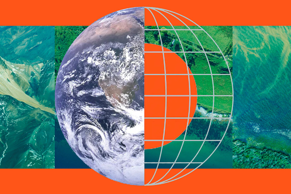 A stylized illustration of the Earth with orange and green around it