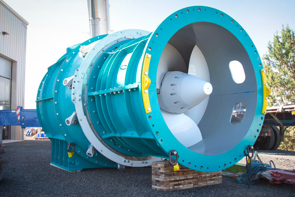 a bright blue fish-safe turbine