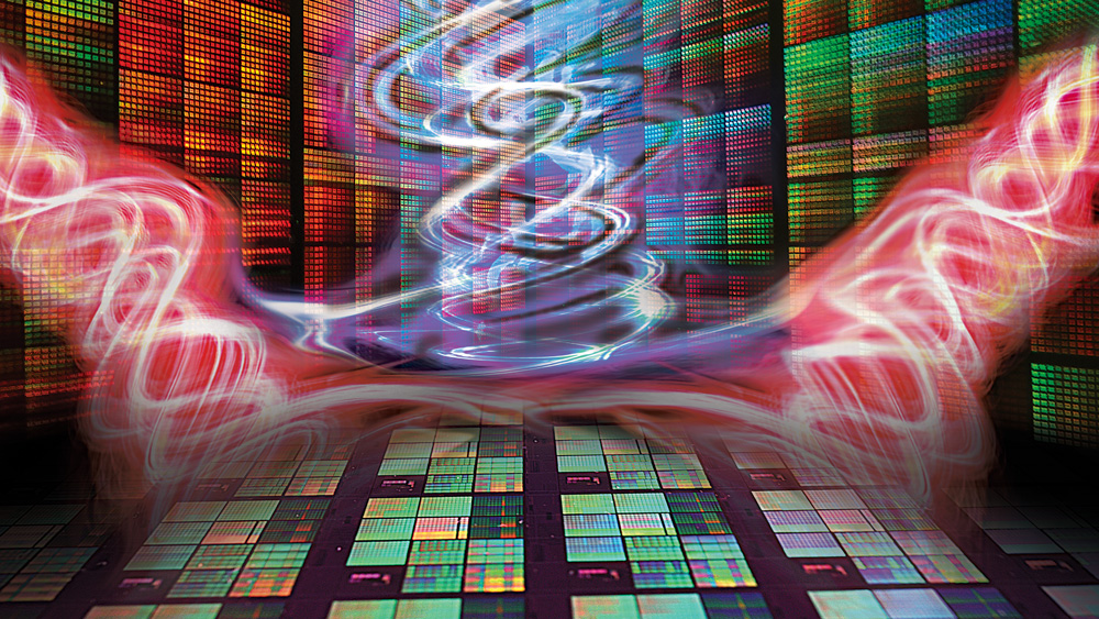 Swirls of light in a room made of pixelated screens.