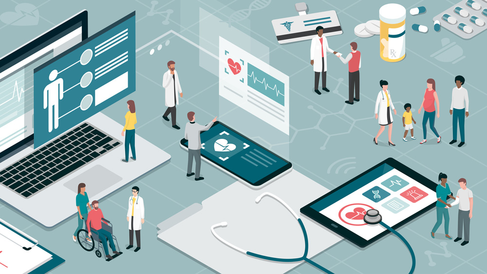 Isometric illustration shows doctors, patients, computers, and medical imagery.