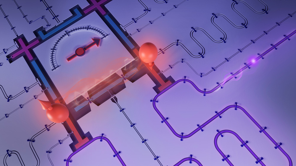 Rendering shows a unique thermometer with various transparent tubes snaking out. Purple energy flows and connects two sides of the thermometer, and the temperature is hot.