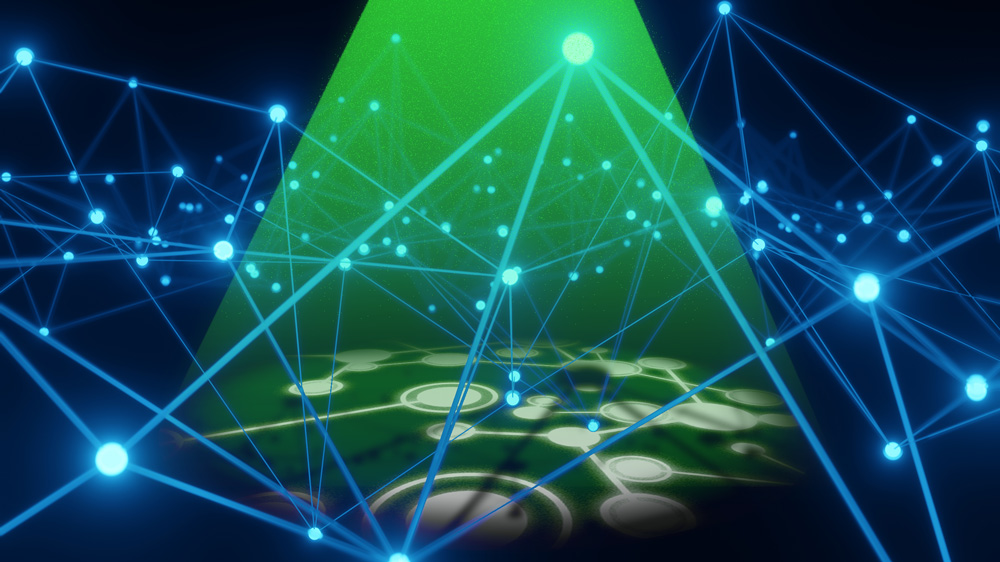 A blue neural network is in a dark void. A green spotlight shines down on the network and reveals a hidden layer underneath. The green light shows a new, white neural network below.