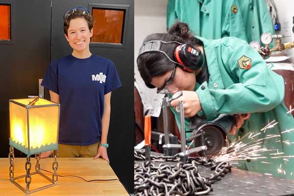 On left, a student with a square lamp with legs made of chain. On right, sparks fly as a student cuts a thick chain.