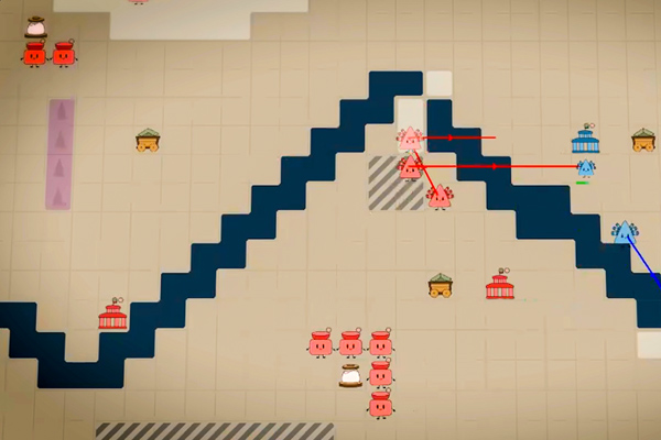 A game still of a square grid-based video game with teams made of cute pink, red, and blue icons