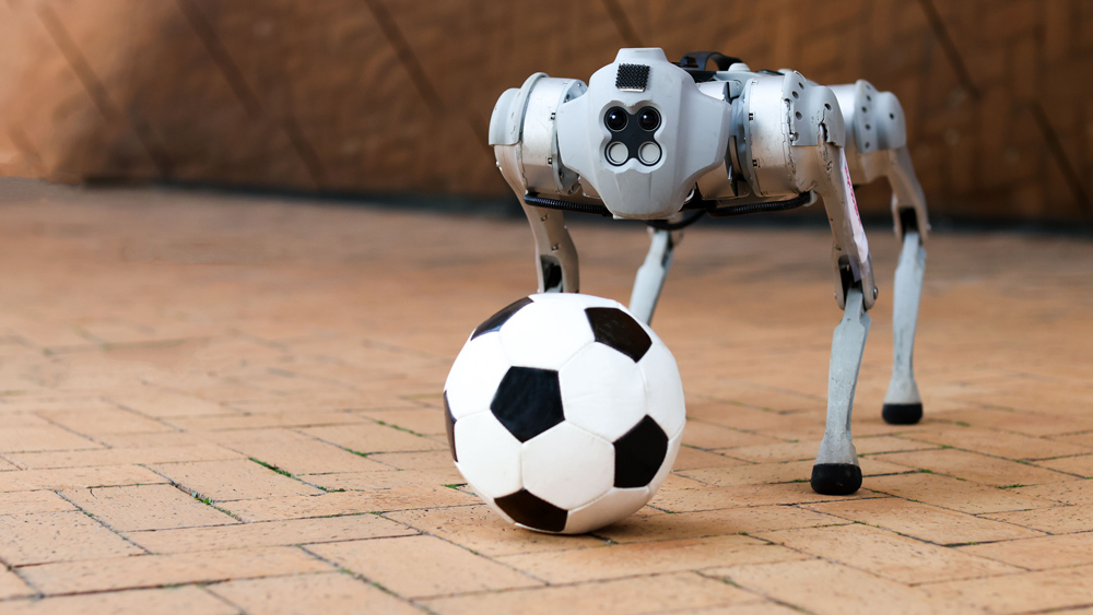 A four-legged, dog-like robot stands next to a soccer ball against an amber background.