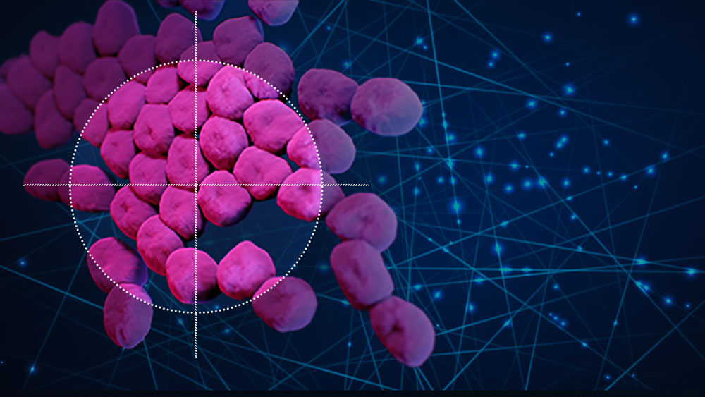 Cluster of pink blobs, depicting the Acinetobacter baumannii bacteria, are on a blue background with laser lines and glowing dots. Slightly left of center is a shooting scope that shows a clear view of the bacteria, while the rest of the background is blurry.