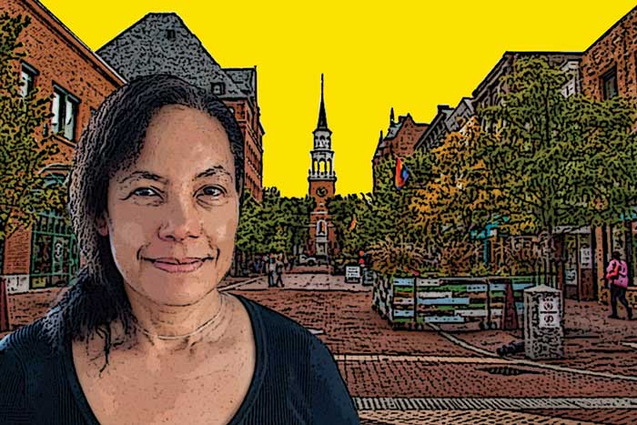 Illustration-style portrait of Makuku with city scene and yellow sky