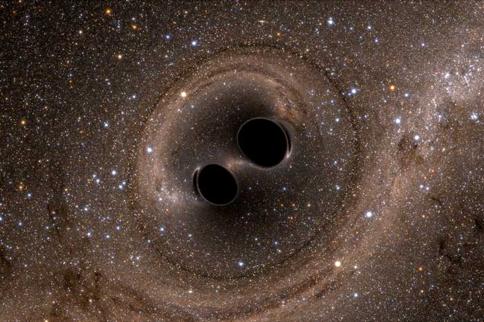 2 black holes spinning and colliding together in space