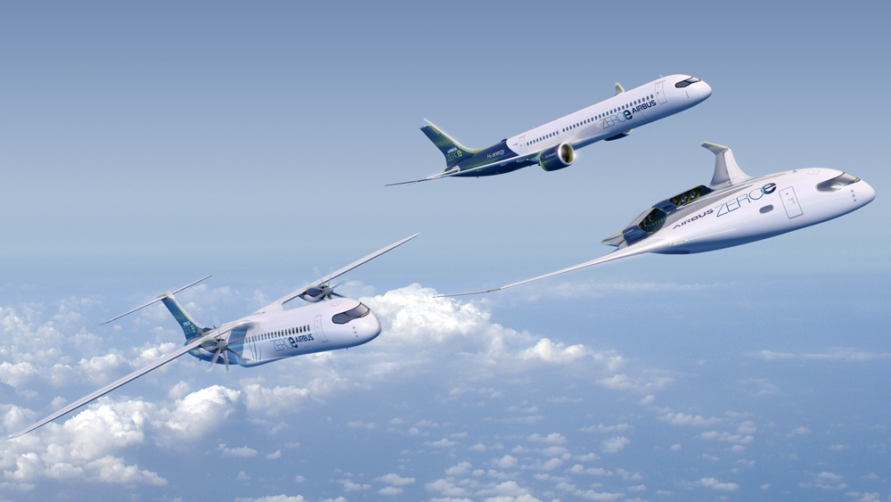 Rendering shows 3 airplanes in flight. 2 look like modern airplanes while one, on right, is shorter and sleeker. They say “Airbus ZeroE.”