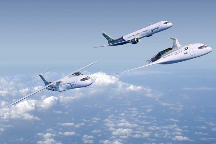 Rendering shows 3 airplanes in flight. 2 look like modern airplanes while one, on right, is shorter and sleeker. They say “Airbus ZeroE.”