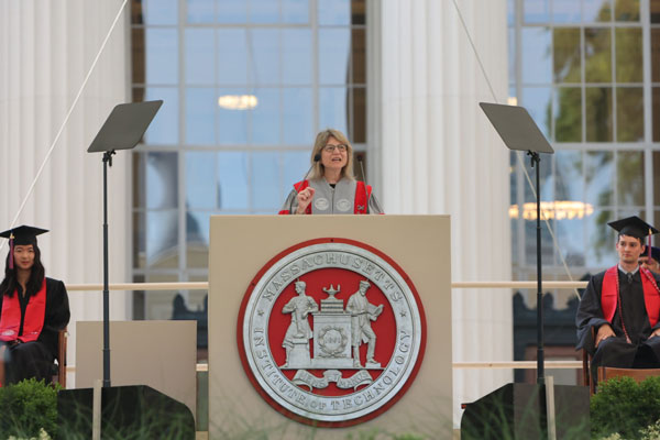 Sally Kornbluth addressing the audience at MIT's Commencement ceremony