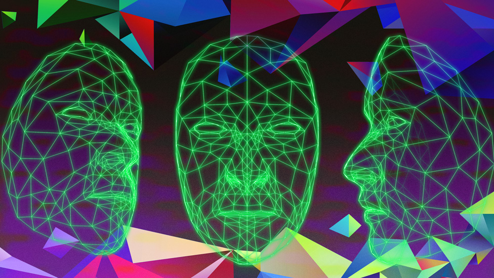 3 faces are made of glowing green lines and rendered in polygons. Floating polygonal shapes appear over the dark purple background.