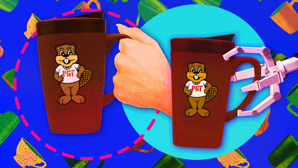 The background is blue and shows a pattern of coffee mugs. In the foreground on the left, a human hand holds a Tim the Beaver coffee mug. To the right of that, a robotic hand holds another Tim mug.