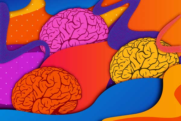 Colorful collage shows 3 brain icons floating amongst wavey lines.