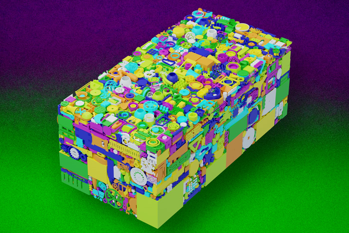 On a green and purple background, a rendering of a rectangular cube is jam-packed with items, including brightly-colored plastic toy-like items.