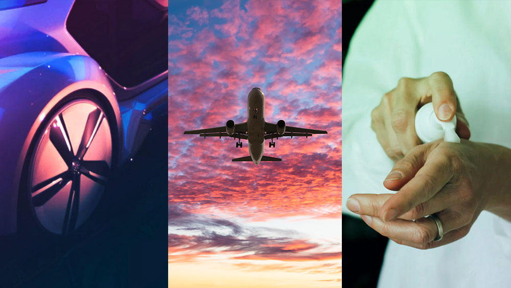 3 photos show, from left to right: the futuristic wheel of car; an airplane flying; and hands applying lotion.