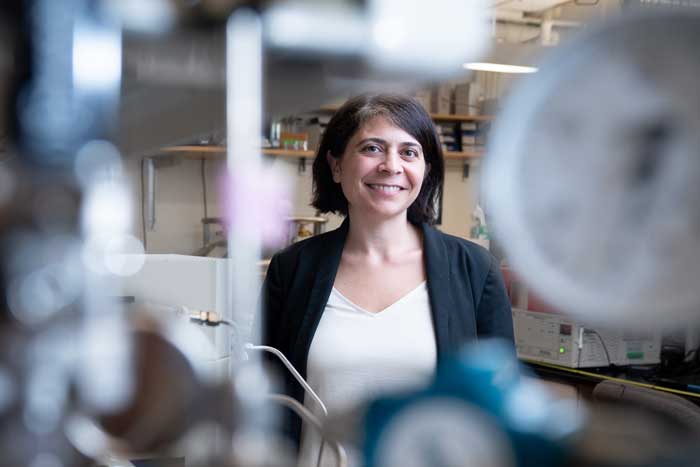 Desiree Plata smiles in the lab and is seen through blurry metallic equipment in the foreground.