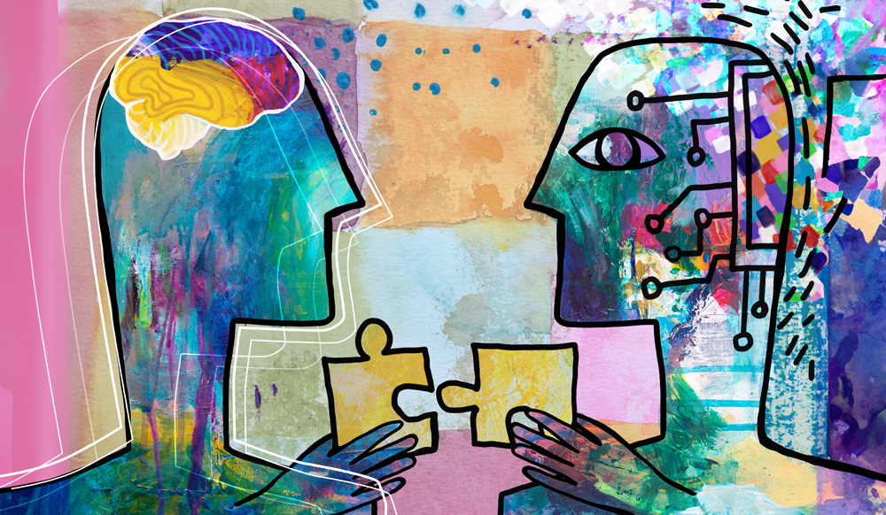 a human figure helping an AI agent fit pieces of a puzzle together.