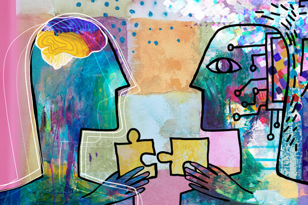 a human figure helping an AI agent fit pieces of a puzzle together.