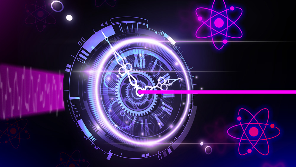 A pink laser beam shoots through a unique glowing clock, which narrows the beam. Atom icons float against the dark background.