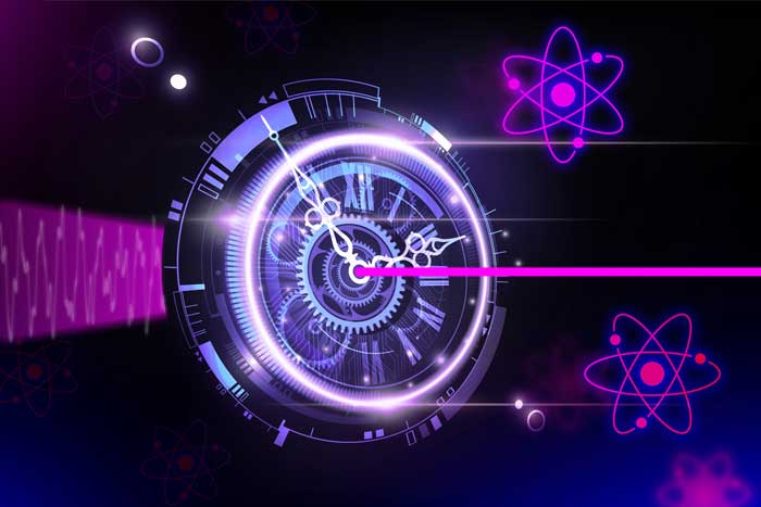 A pink laser beam shoots through a unique glowing clock, which narrows the beam. Atom icons float against the dark background.