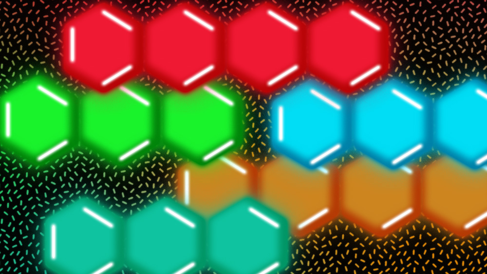 Graphic rendering of connected acenes, shaped as hexagons, in rows and colorized red, green, blue, orange, and teal upon background with sparkle-shaped pattern  