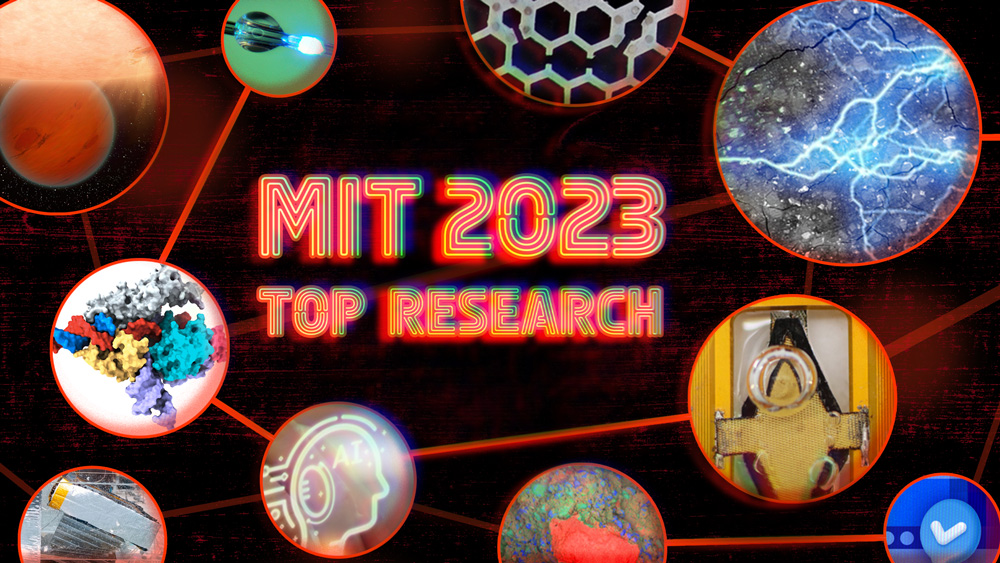 Stylized text says “MIT 2023 Top Research.” A neural network is made of red lines connecting circular photos depicting top research stories, including cement with lightning, colorful concrete, molecules, thread that lights up, and an icon that says, “AI.”