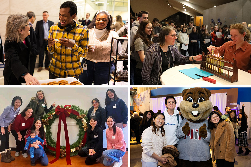 4 photos show: Sally Kornbluth talking to a student at the Winterfest party; 2 people lighting a menorah made of test tubes as a crowd looks on; 9 people posing for a photo next to a large beautiful wreath; and 3 students posing with Tim the Beaver mascot at Winterfest.