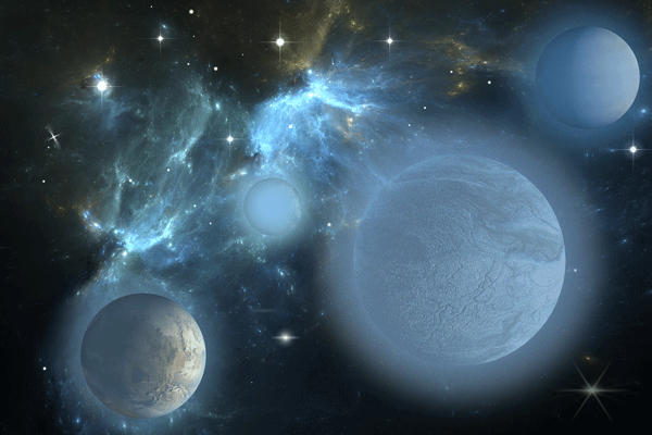 4 planets in space with one having a thinner atmosphere cloud than the rest