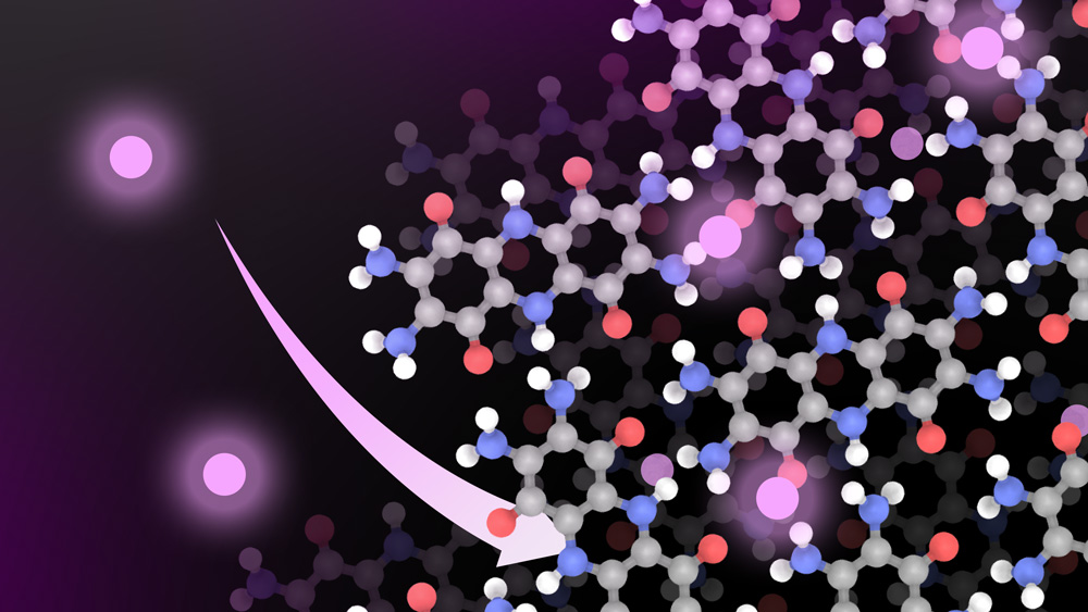 A molecular lattice is on the right, and glowing pink spheres on the left. An arrow leads pink spheres to the lattice.