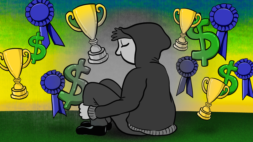 Cartoony Illustration shows a sad person with arms around their knees, in a grey shadow, surrounded by colorful icons of blue ribbons, trophies, and dollar signs. 