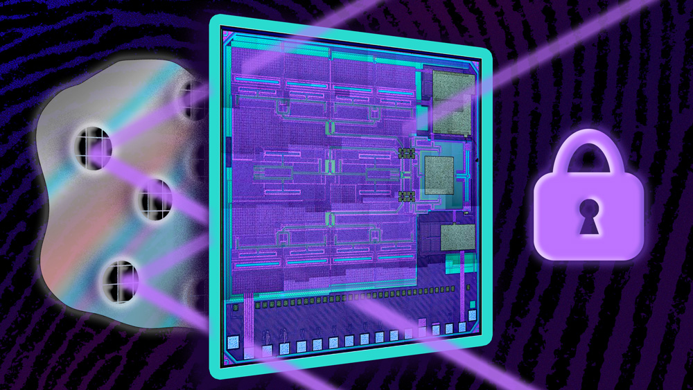3 layers show a glob of glue, shiny circular metal bits, and the colorful blue computer chip. Pink lasers go through the chip and hit the circular metal bits and bounce back. A lock icon is to the right.