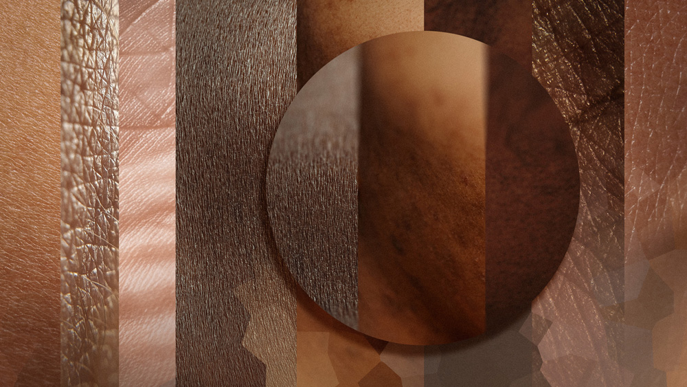 Vertical columns show skin textures with a variety of skin tones, and an inset circle magnifies three columns.
