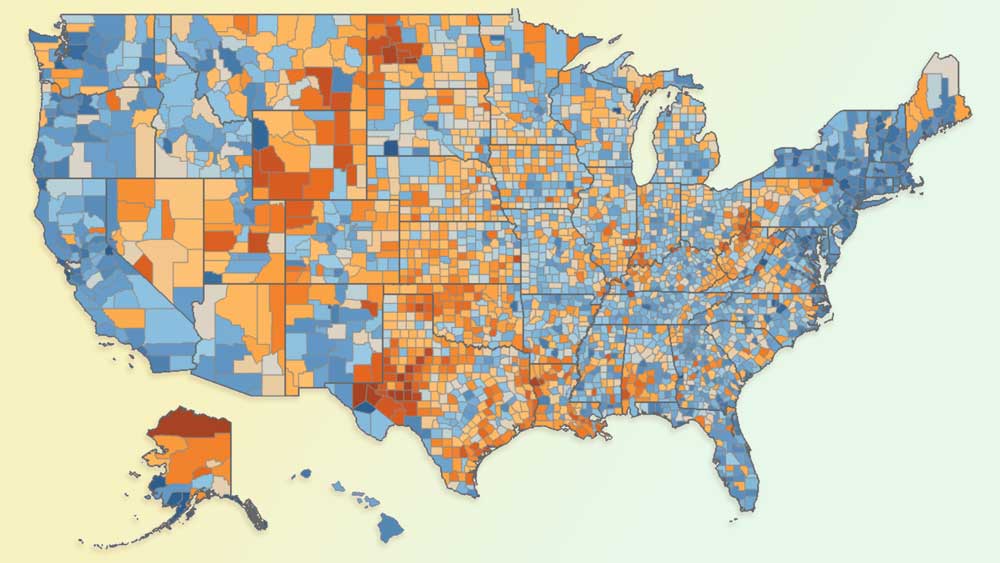 A map shows United States counties in dark blue through dark red.  Wyoming and Utah are mainly in shades of light and dark red. Vermont, Rhode Island, and California are shown in shades of blue. 