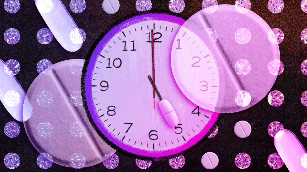 A large clock is in the middle, and medication pills float around it. In the background is a grid of circles, and each has liver molecules inside.