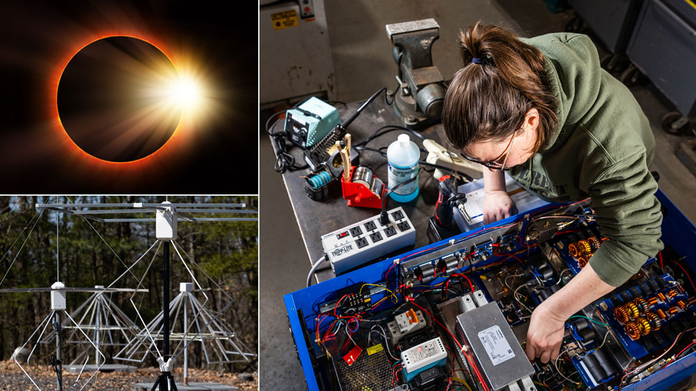 3 images show an illustration of an eclipse; a woman fixing the inside of a large blue machine; and several antennas outside