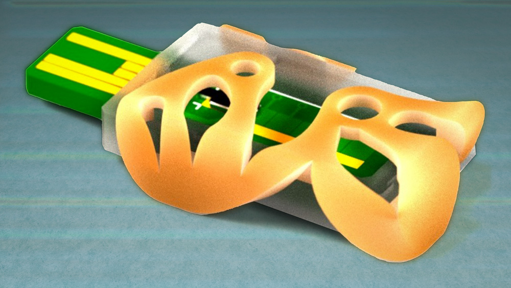 Illustration shows a tiny rectangular PCB, about 15 mm wide, encased in a curved orange polyget casing. A black rectangle is under the casing.