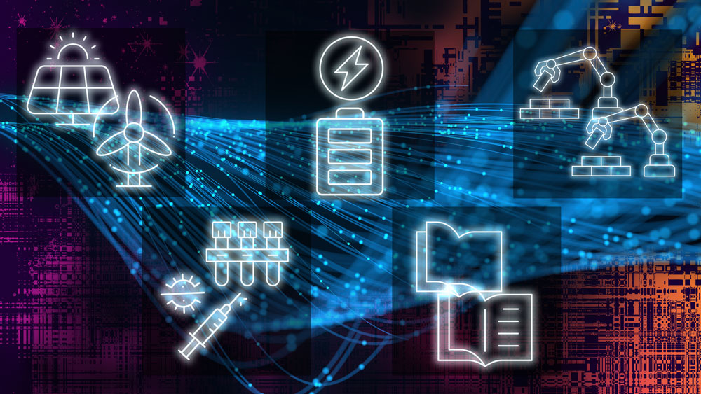 icons representing renewable energy, energy storage, robotics, biomedicine, and education over a electronic circuitry