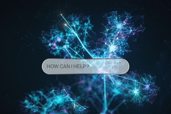 an expanding neural network behind a text input box that says, "How can I help?"