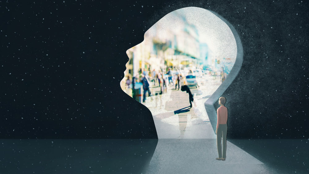 A figure contemplating an imagined walking route