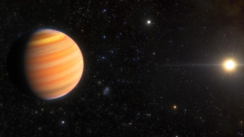 In dark space, an orange exoplanet is on left and a bright star is on the right.